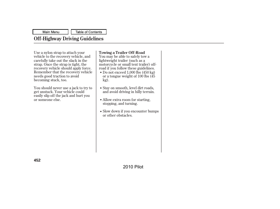 Off-highway driving guidelines | HONDA 2010 Pilot User Manual | Page 456 / 575