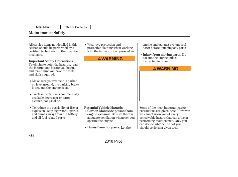 Maintenance safety | HONDA 2010 Pilot User Manual | Page 458 / 575