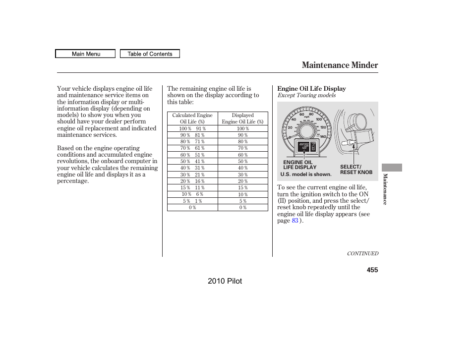 Maintenance minder, 2010 pilot | HONDA 2010 Pilot User Manual | Page 459 / 575