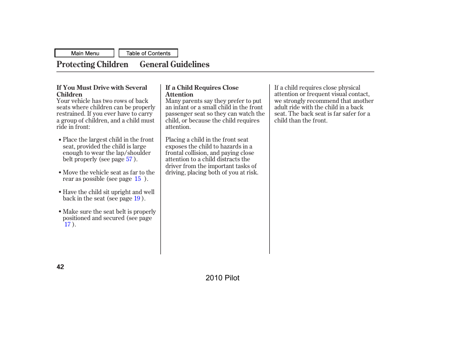 Protecting children general guidelines | HONDA 2010 Pilot User Manual | Page 46 / 575