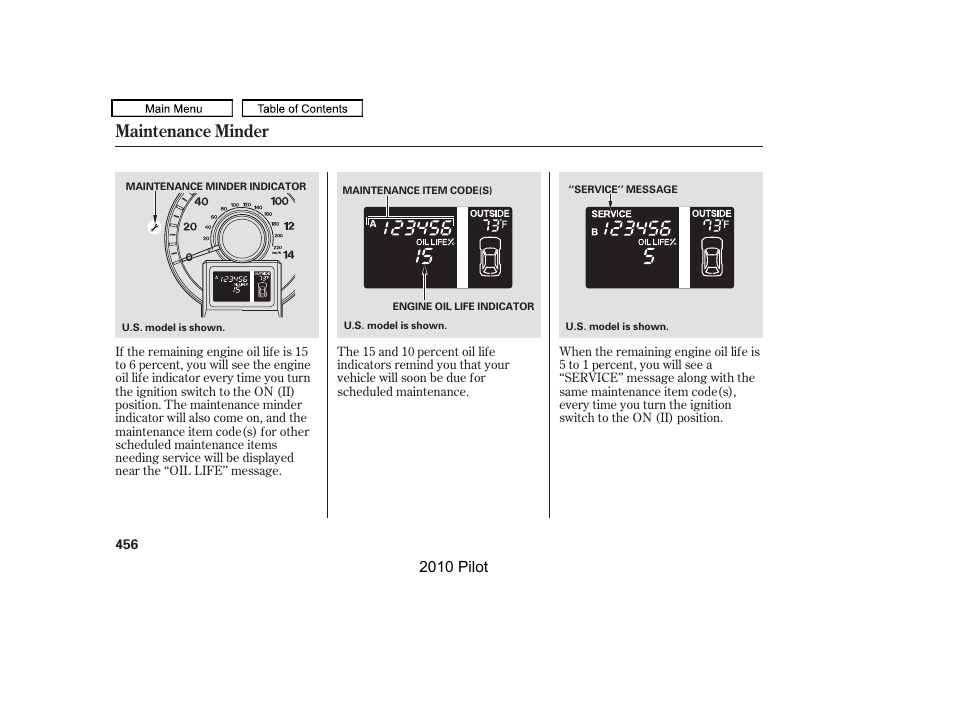 Maintenance minder | HONDA 2010 Pilot User Manual | Page 460 / 575