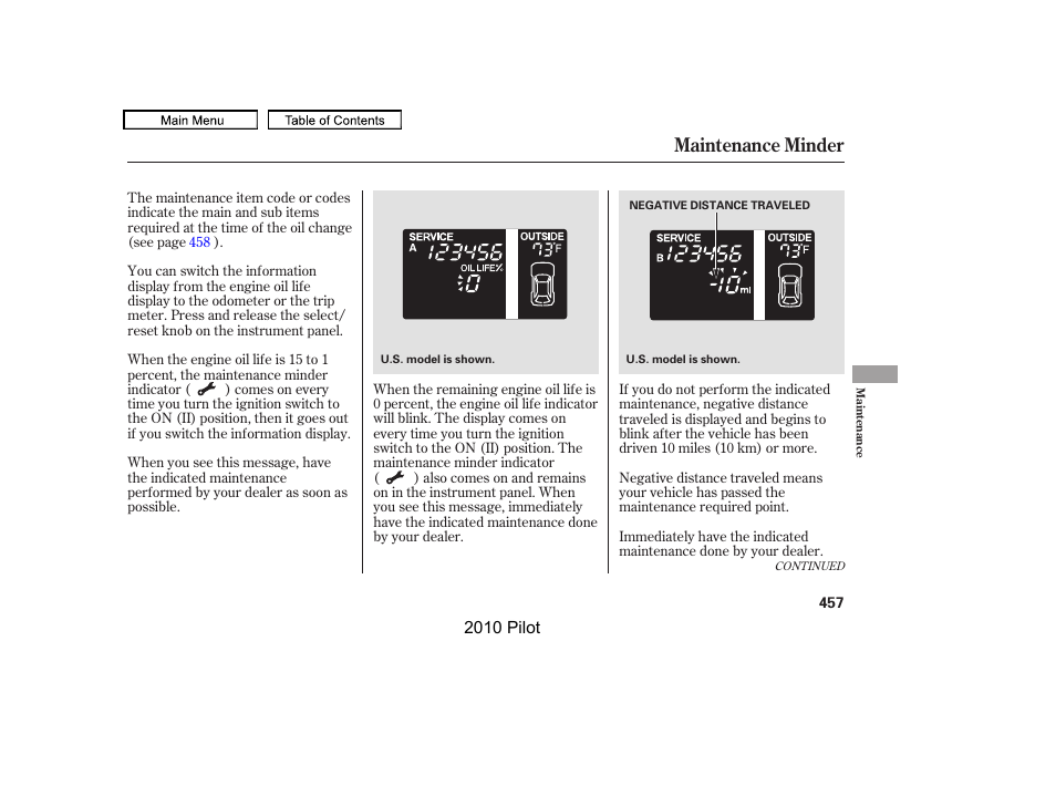 Maintenance minder | HONDA 2010 Pilot User Manual | Page 461 / 575