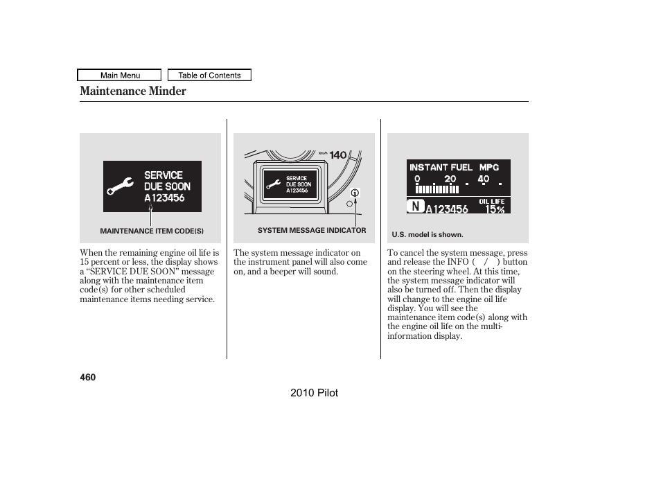 Maintenance minder | HONDA 2010 Pilot User Manual | Page 464 / 575