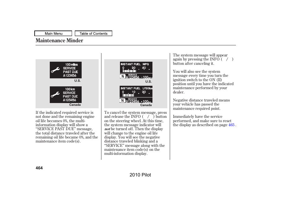 Maintenance minder | HONDA 2010 Pilot User Manual | Page 468 / 575