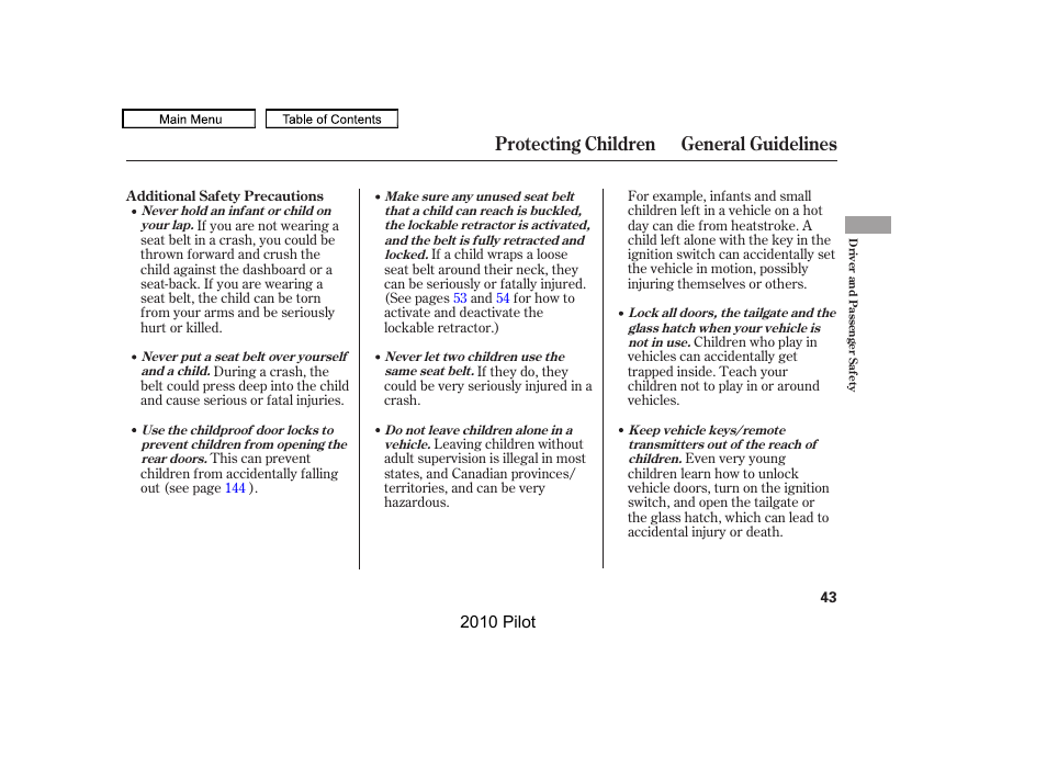 Protecting children general guidelines | HONDA 2010 Pilot User Manual | Page 47 / 575