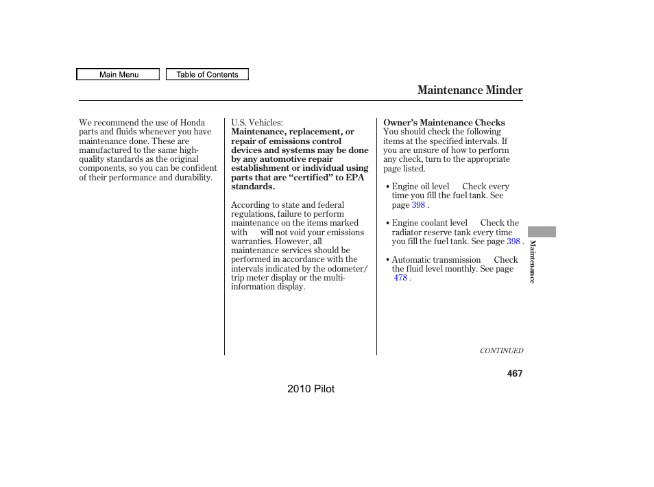 Maintenance minder | HONDA 2010 Pilot User Manual | Page 471 / 575