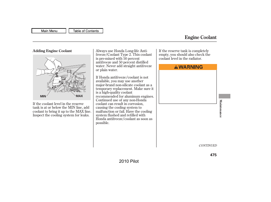 Engine coolant | HONDA 2010 Pilot User Manual | Page 479 / 575