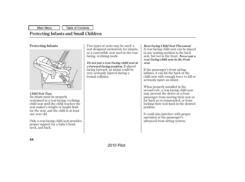 Protecting infants and small children | HONDA 2010 Pilot User Manual | Page 48 / 575