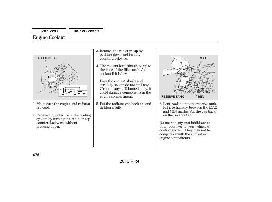 Engine coolant | HONDA 2010 Pilot User Manual | Page 480 / 575