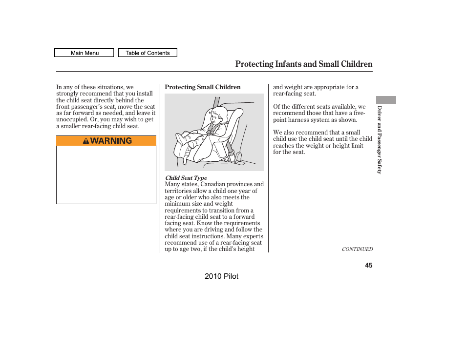 Protecting infants and small children | HONDA 2010 Pilot User Manual | Page 49 / 575