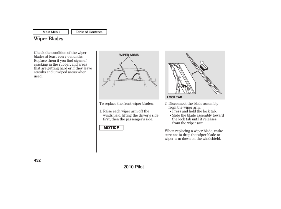 Wiper blades | HONDA 2010 Pilot User Manual | Page 496 / 575