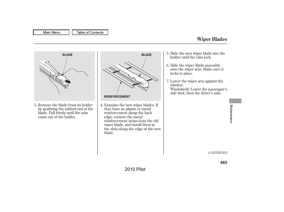 Wiper blades | HONDA 2010 Pilot User Manual | Page 497 / 575