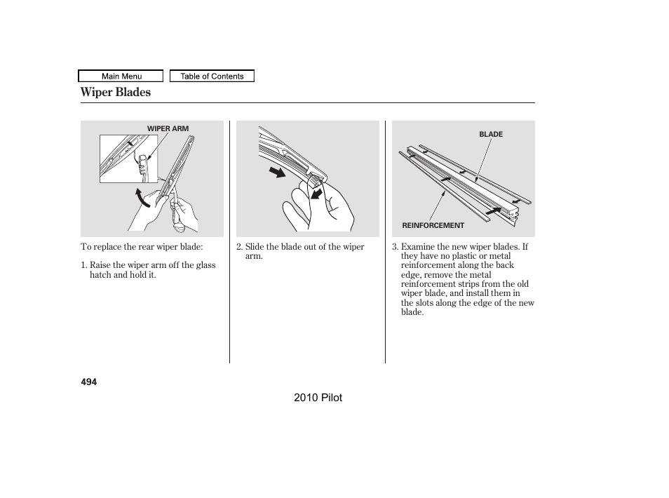 Wiper blades | HONDA 2010 Pilot User Manual | Page 498 / 575