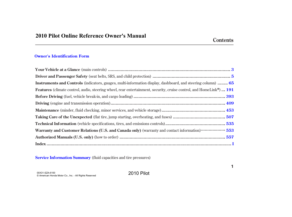 HONDA 2010 Pilot User Manual | Page 5 / 575