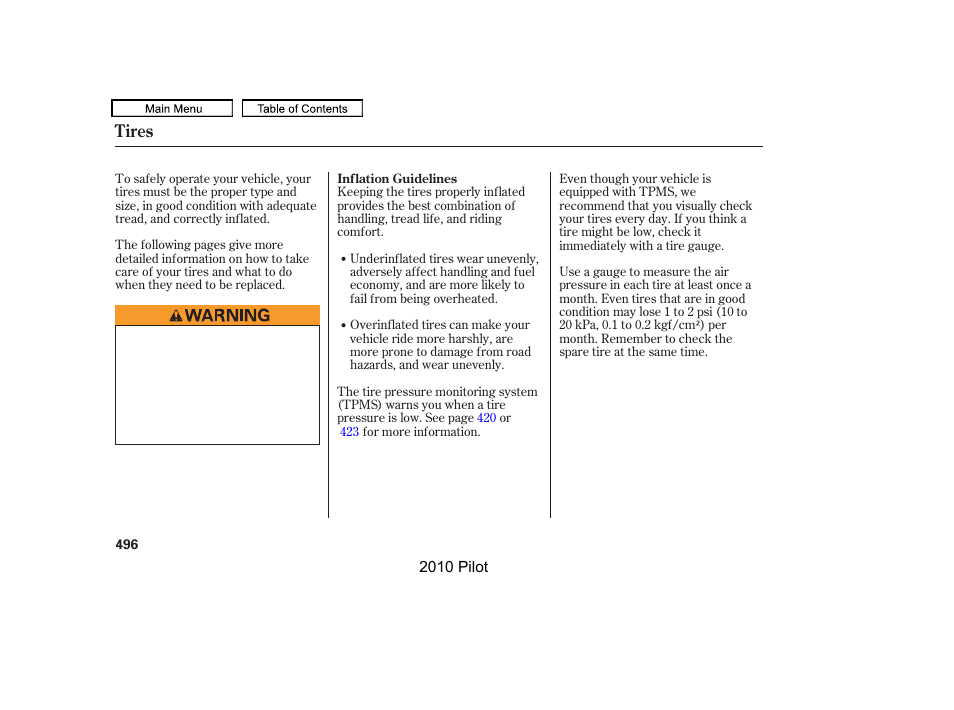 Tires | HONDA 2010 Pilot User Manual | Page 500 / 575