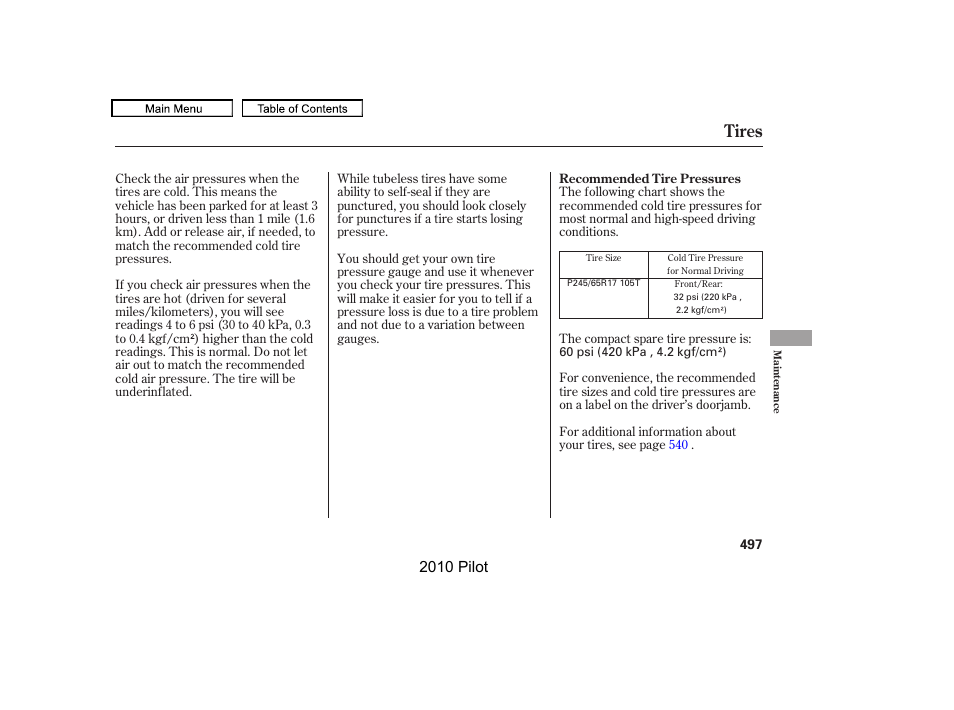 Tires, 2010 pilot | HONDA 2010 Pilot User Manual | Page 501 / 575