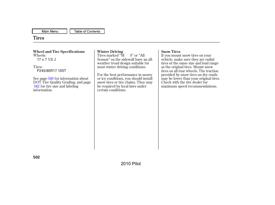 Tires | HONDA 2010 Pilot User Manual | Page 506 / 575