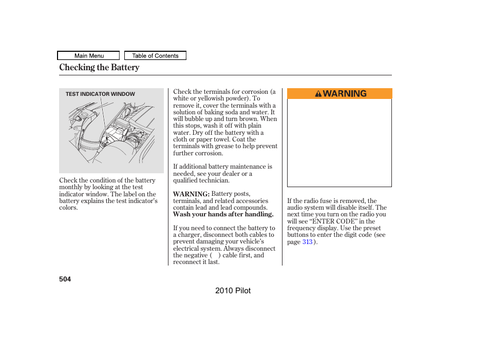 Checking the battery | HONDA 2010 Pilot User Manual | Page 508 / 575