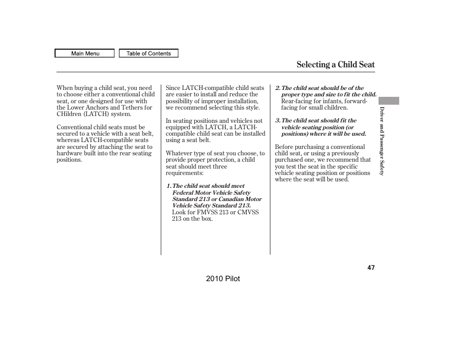 Selecting a child seat, 2010 pilot | HONDA 2010 Pilot User Manual | Page 51 / 575