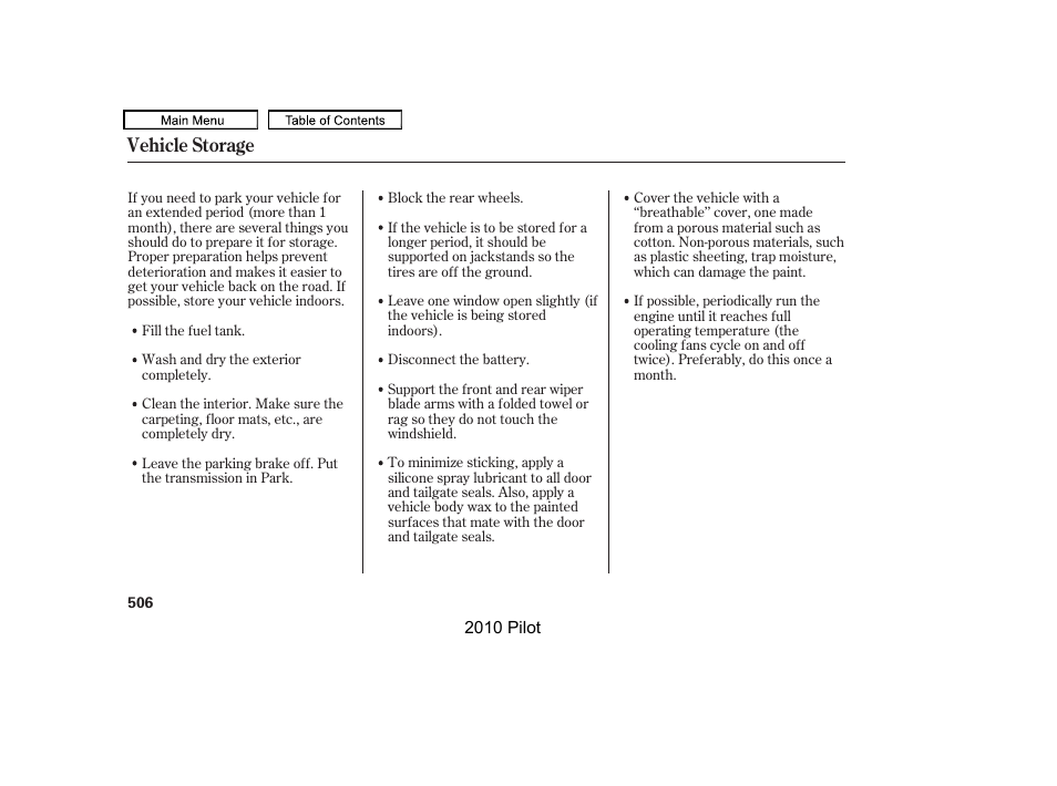 Vehicle storage | HONDA 2010 Pilot User Manual | Page 510 / 575