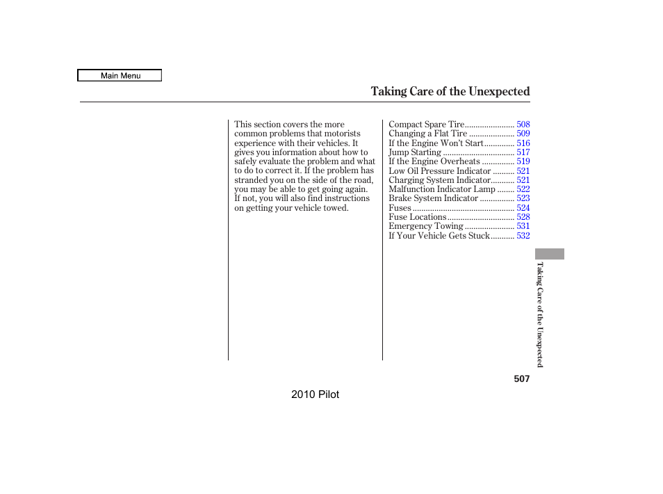 Taking care of the unexpected | HONDA 2010 Pilot User Manual | Page 511 / 575