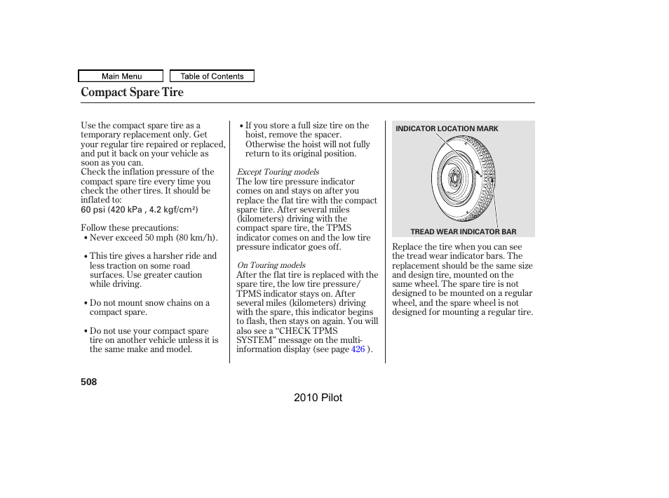 Compact spare tire | HONDA 2010 Pilot User Manual | Page 512 / 575