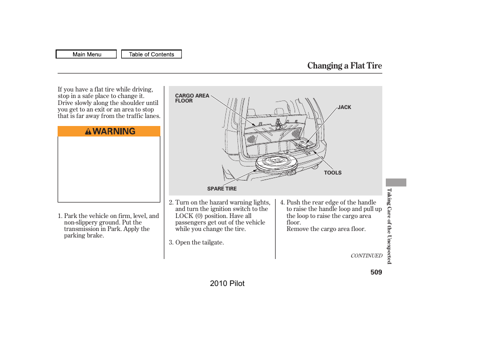 Changing a flat tire, 2010 pilot | HONDA 2010 Pilot User Manual | Page 513 / 575