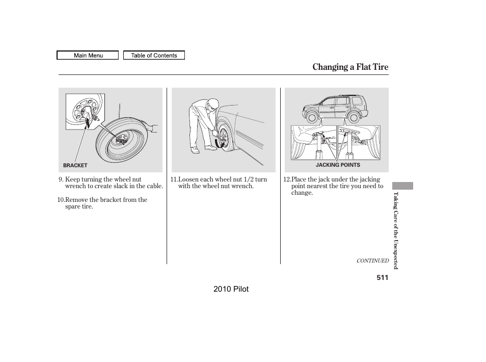 Changing a flat tire, 2010 pilot | HONDA 2010 Pilot User Manual | Page 515 / 575