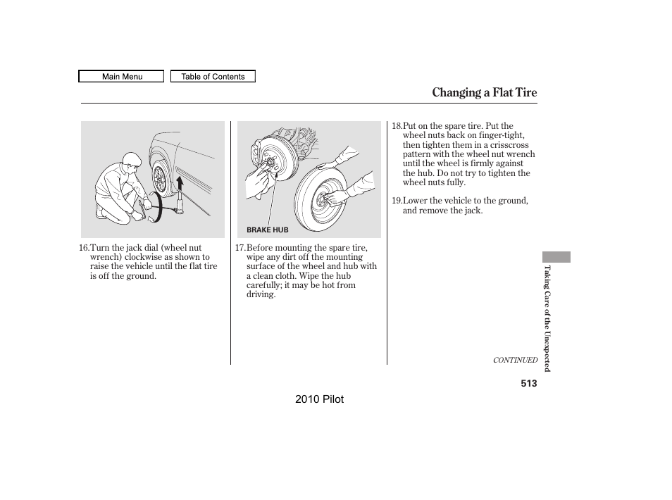 Changing a flat tire, 2010 pilot | HONDA 2010 Pilot User Manual | Page 517 / 575