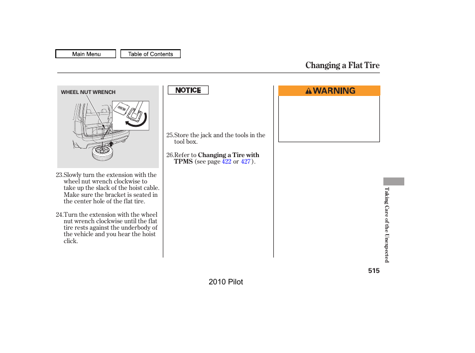 Changing a flat tire, 2010 pilot | HONDA 2010 Pilot User Manual | Page 519 / 575