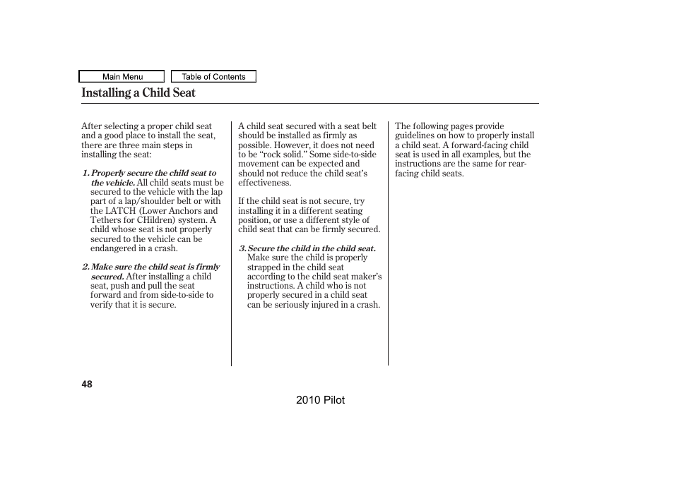 Installing a child seat | HONDA 2010 Pilot User Manual | Page 52 / 575