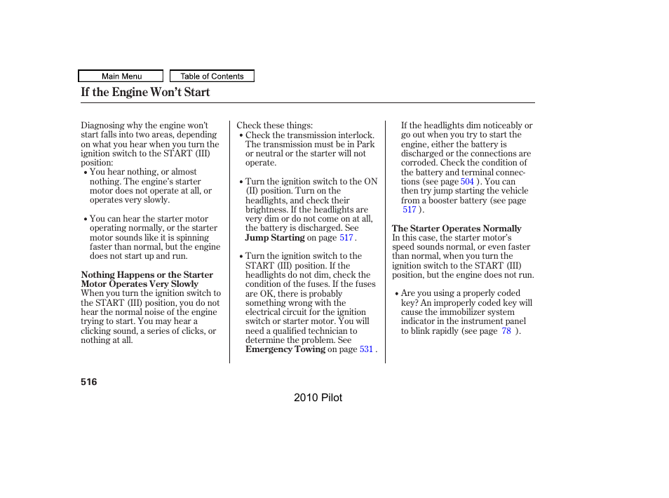 If the engine won’t start | HONDA 2010 Pilot User Manual | Page 520 / 575