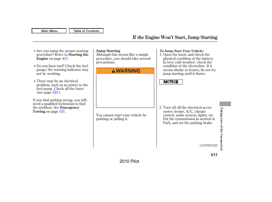 If the engine won’t start, jump starting | HONDA 2010 Pilot User Manual | Page 521 / 575