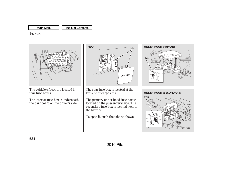 Fuses | HONDA 2010 Pilot User Manual | Page 528 / 575