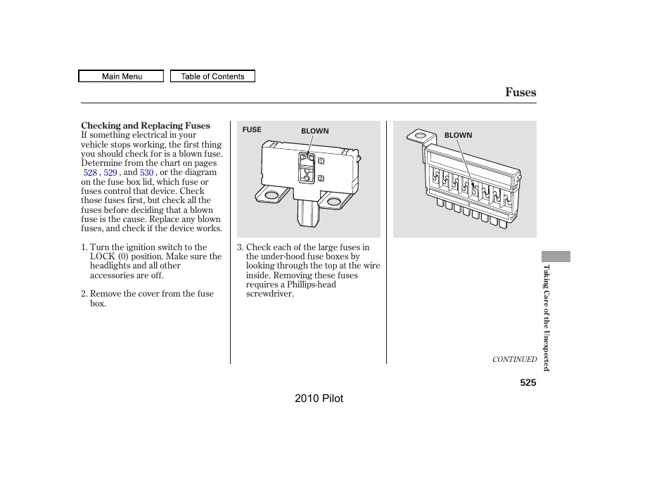 Fuses, 2010 pilot | HONDA 2010 Pilot User Manual | Page 529 / 575