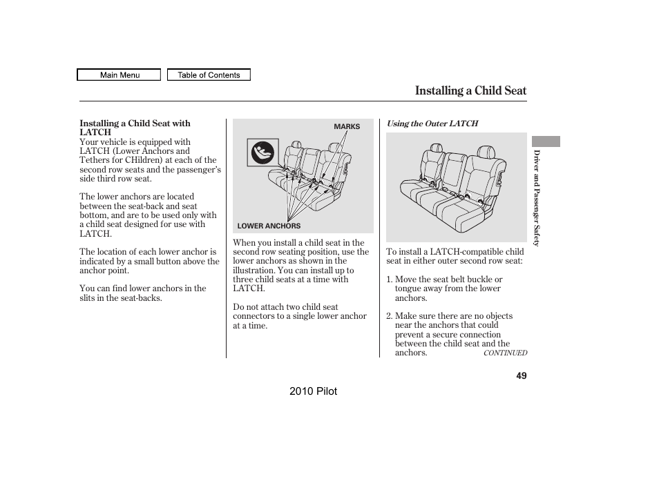 Installing a child seat, 2010 pilot | HONDA 2010 Pilot User Manual | Page 53 / 575