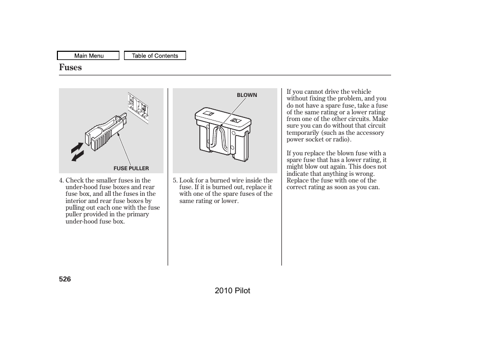 Fuses | HONDA 2010 Pilot User Manual | Page 530 / 575