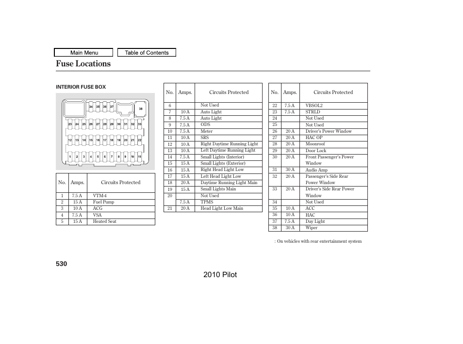 Fuse locations, 2010 pilot | HONDA 2010 Pilot User Manual | Page 534 / 575