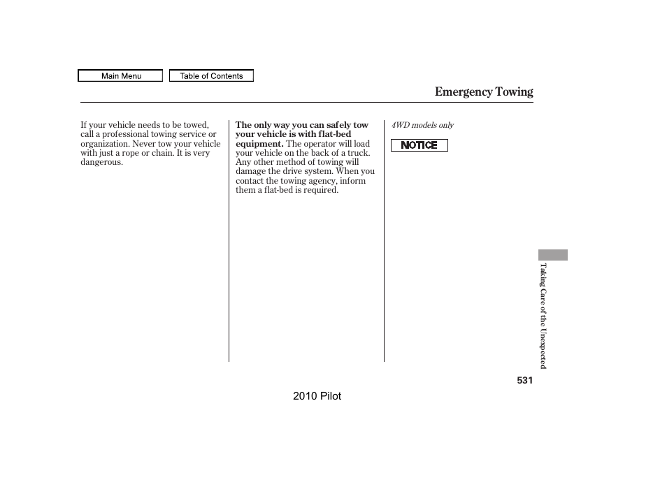 Emergency towing, 2010 pilot | HONDA 2010 Pilot User Manual | Page 535 / 575