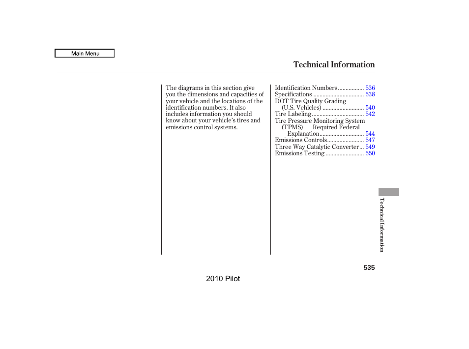 Technical information | HONDA 2010 Pilot User Manual | Page 539 / 575