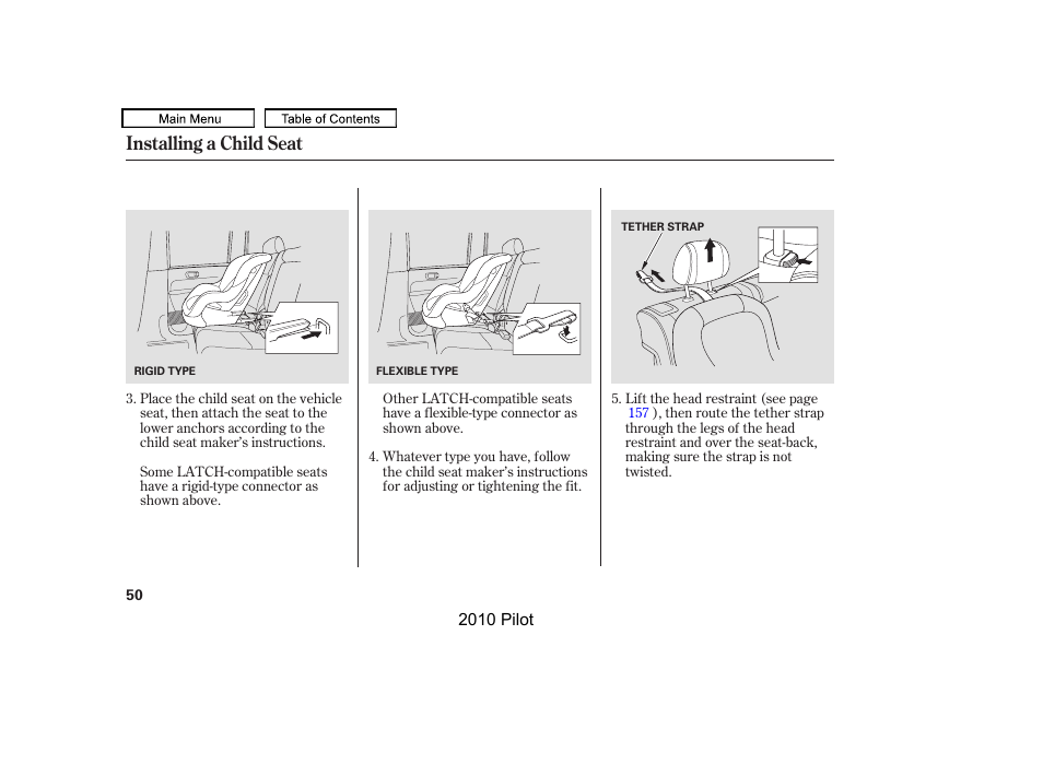 Installing a child seat | HONDA 2010 Pilot User Manual | Page 54 / 575