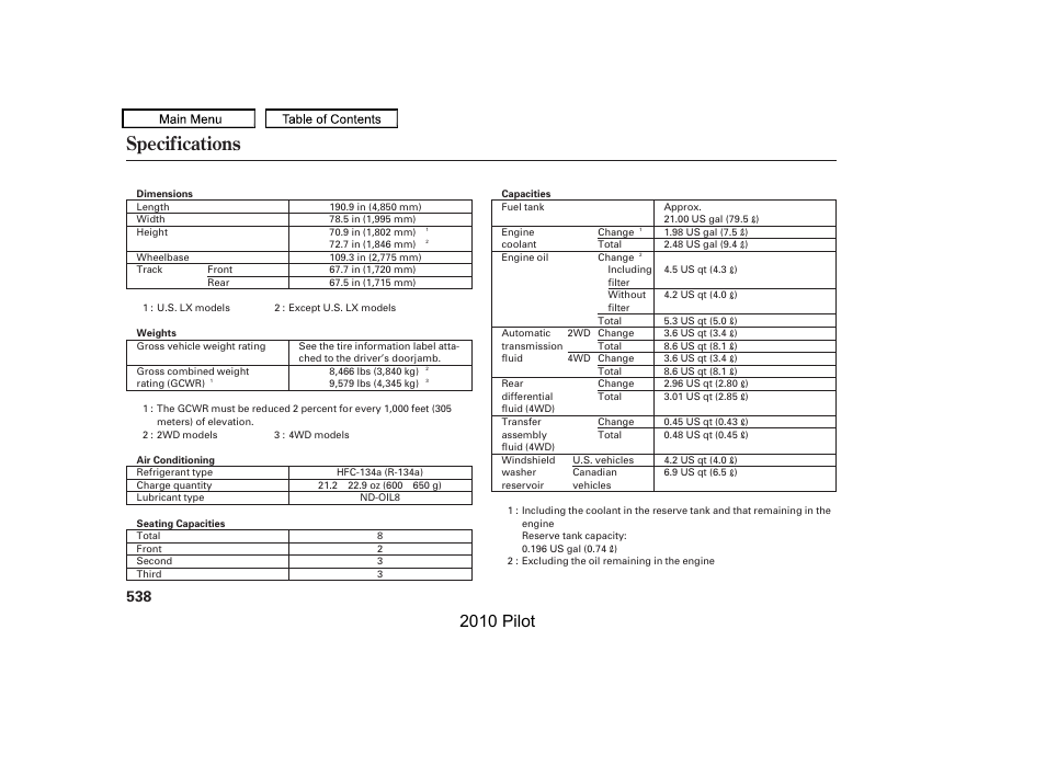 Specifications, 2010 pilot | HONDA 2010 Pilot User Manual | Page 542 / 575