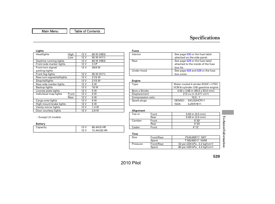 Specifications, 2010 pilot | HONDA 2010 Pilot User Manual | Page 543 / 575