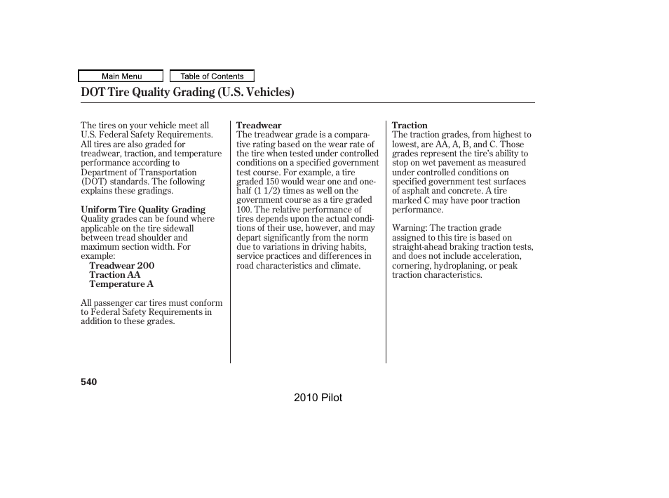 Dot tire quality grading (u.s. vehicles) | HONDA 2010 Pilot User Manual | Page 544 / 575