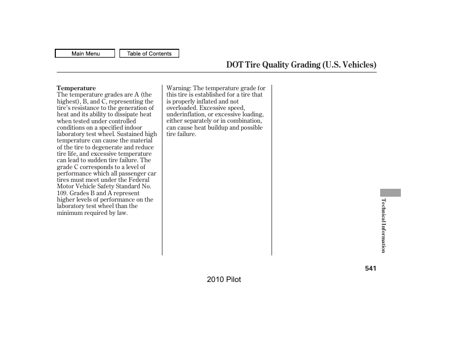 Dot tire quality grading (u.s. vehicles) | HONDA 2010 Pilot User Manual | Page 545 / 575