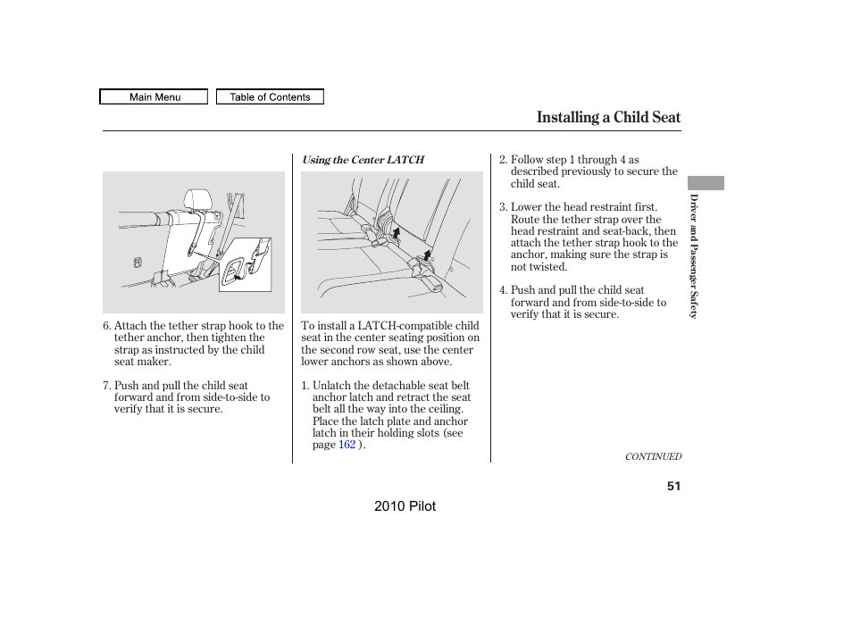 Installing a child seat | HONDA 2010 Pilot User Manual | Page 55 / 575