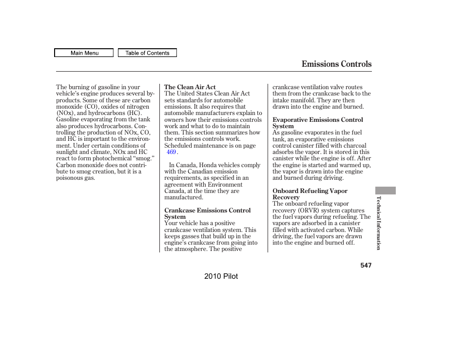 Emissions controls | HONDA 2010 Pilot User Manual | Page 551 / 575