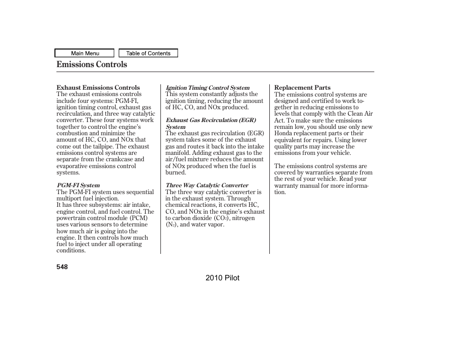 Emissions controls | HONDA 2010 Pilot User Manual | Page 552 / 575