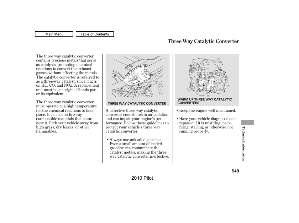 Three way catalytic converter | HONDA 2010 Pilot User Manual | Page 553 / 575