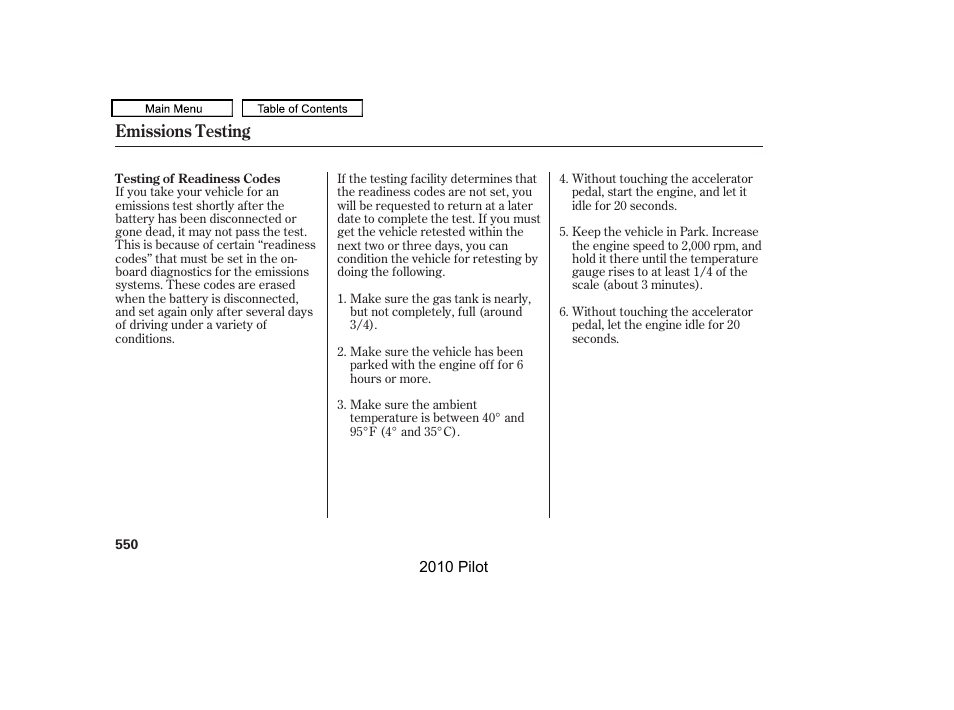 Emissions testing | HONDA 2010 Pilot User Manual | Page 554 / 575